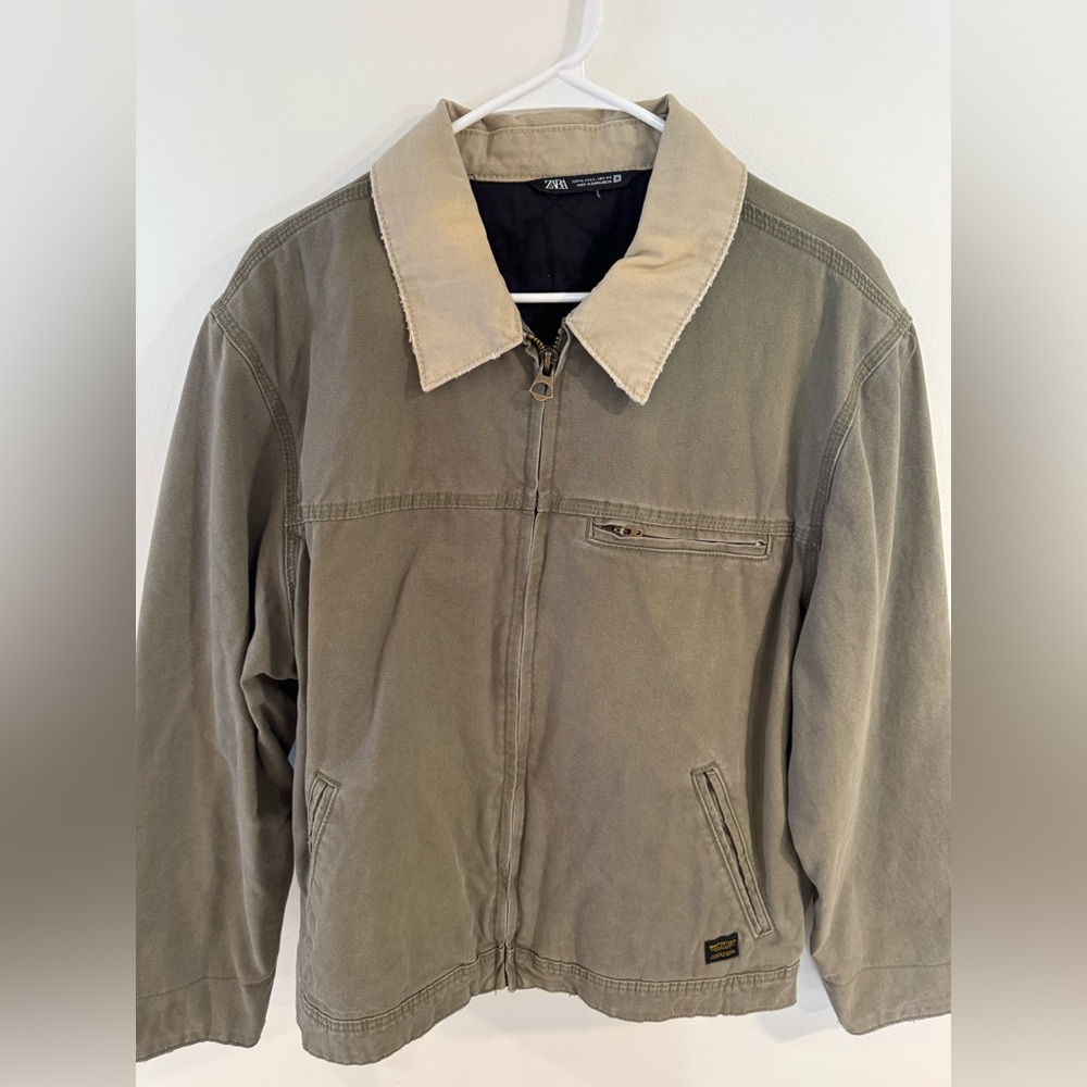 Zara Men's Olive Field Jacket with Beige Collar